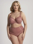 Koronkowy komplet bielizny plus size różowe złoto – biustonosz full cup i wysokie figi.