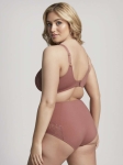 Tył kompletu bielizny plus size różowe złoto – modelujący biustonosz i pełne majtki z wysokim stanem.