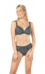 Lazurowy komplet bielizny push-up na modelce – usztywniany stanik i figi