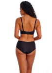 Profil modelki w czarnym biustonoszu strapless z możliwością dopięcia ramiączek.