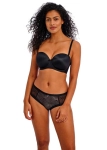 Modelka prezentuje gładki czarny biustonosz strapless z opcjonalnymi ramiączkami.