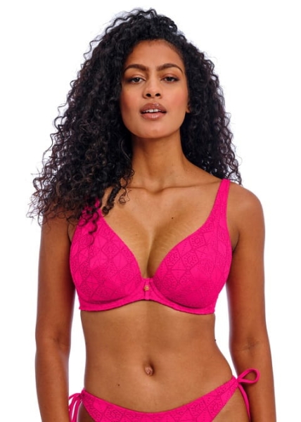 Góra bikini high apex w kolorze fuksji – zbliżenie na dekolt