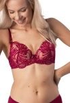 Bordowy biustonosz push-up koronkowa na modelce zmysłowo eksponuje sylwetkę i unosi biust.