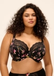 Czarny biustonosz Elomi Lucie Fleur Plunge - Stretch EL4490FLR w kwiaty z koronką.