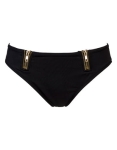 Czarne majtki bikini z ozdobnymi metalowymi detalami.