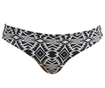 Damskie majtki kąpielowe bikini w czarne i białe geometryczne wzory.