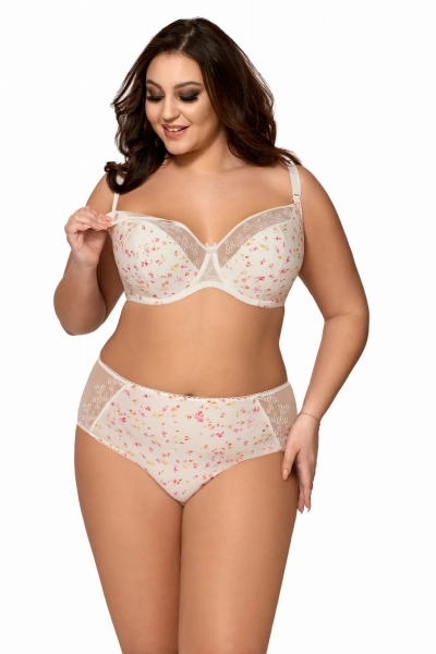 Kobieta prezentuje beżowy biustonosz do karmienia semi-soft z odpinanymi miseczkami typu full cup.