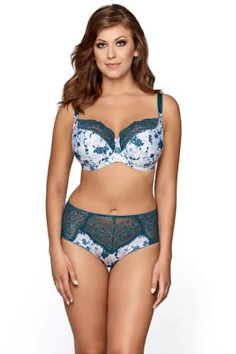 Biały biustonosz semi-soft w zielone kwiaty i koronkowe figi prezentowane przez modelkę.