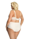 Tył śmietankowego kompletu bielizny plus size z gładkim biustonoszem i pełnymi figami z wysokim stanem.